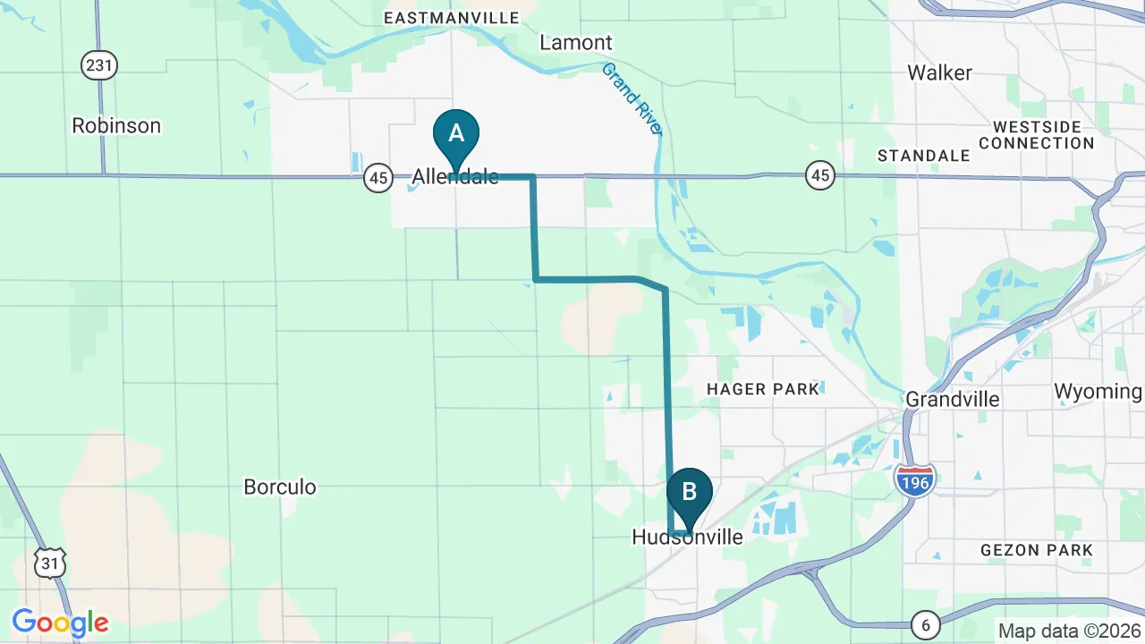 Driving directions map from Allendale, MI to Wellness Revolution in Evanston