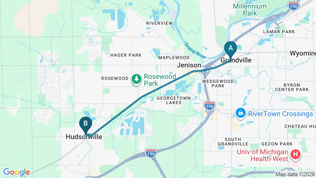 Driving directions map from Grandville, MI to Wellness Revolution in Evanston