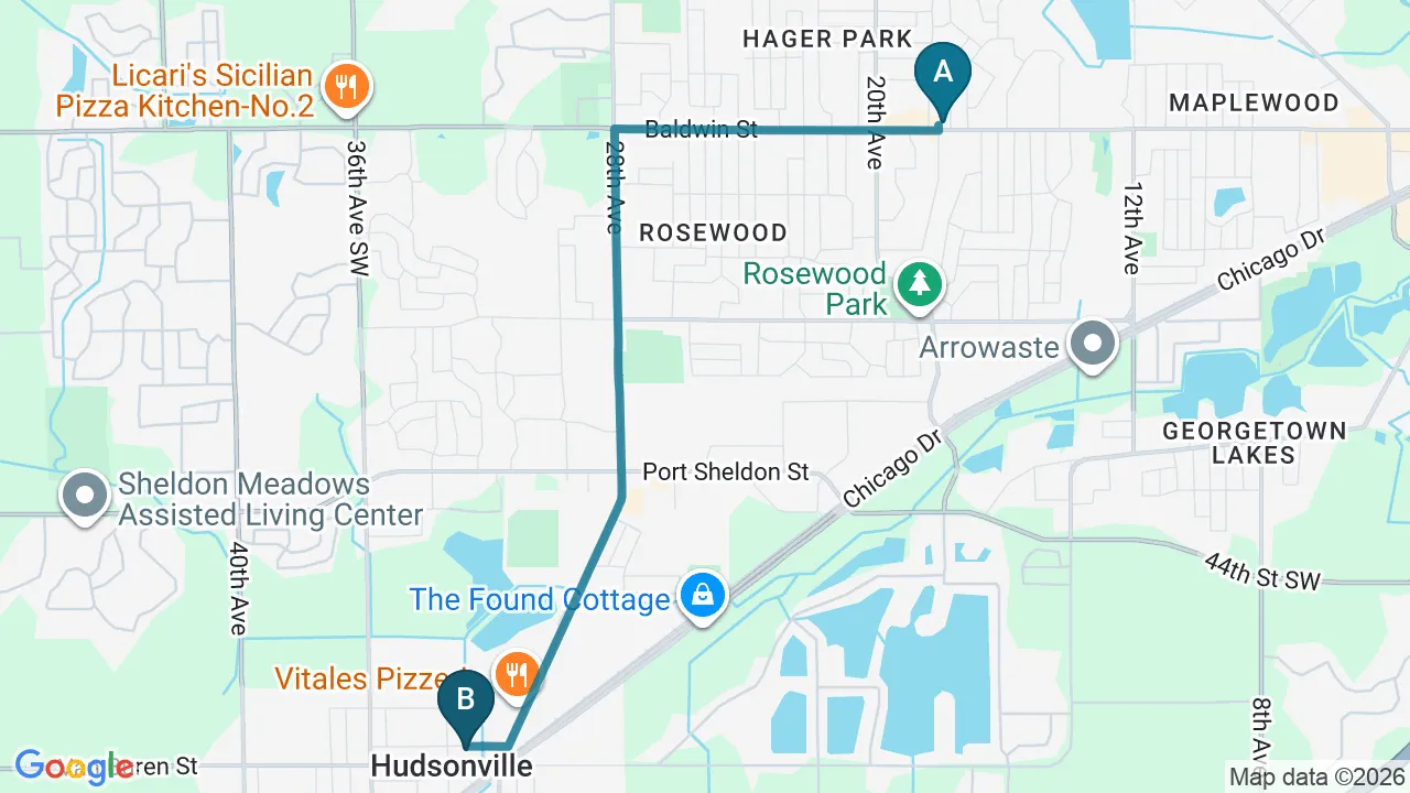 Driving directions map from Jenison, MI to Wellness Revolution in Evanston