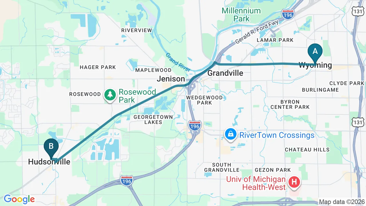 Driving directions map from Wyoming, MI to Wellness Revolution in Evanston